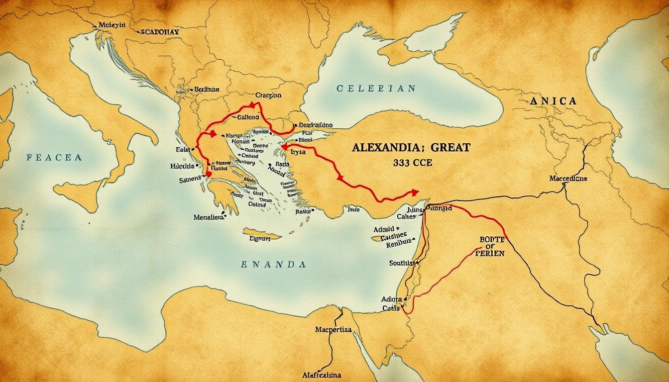 Map showing Alexander's route from Macedonia to Issus in 333 BCE