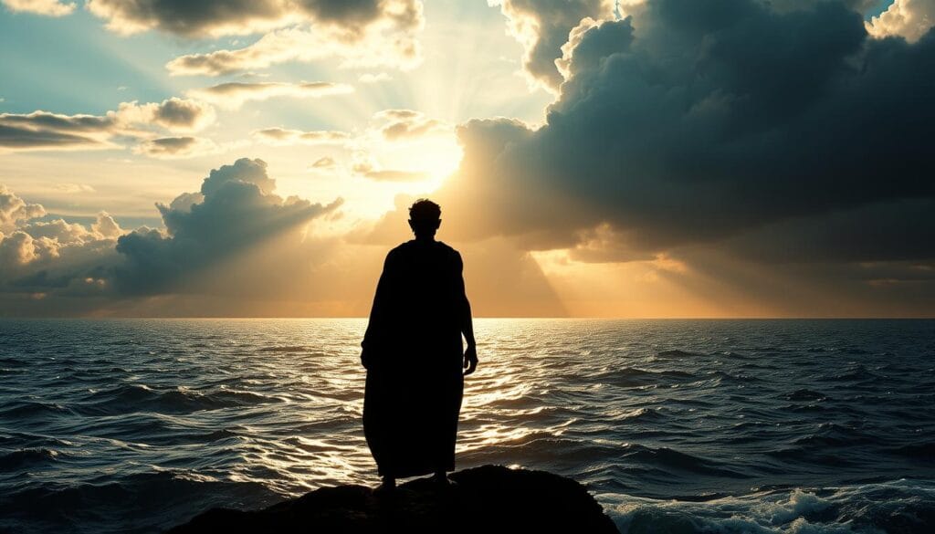 Modern artistic interpretation of Odysseus looking toward the horizon