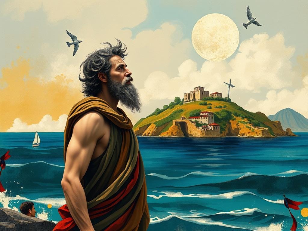 Modern artistic interpretation of Odysseus's homecoming to Ithaca