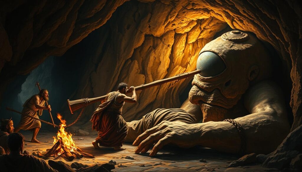 Odysseus and his men blinding the Cyclops Polyphemus