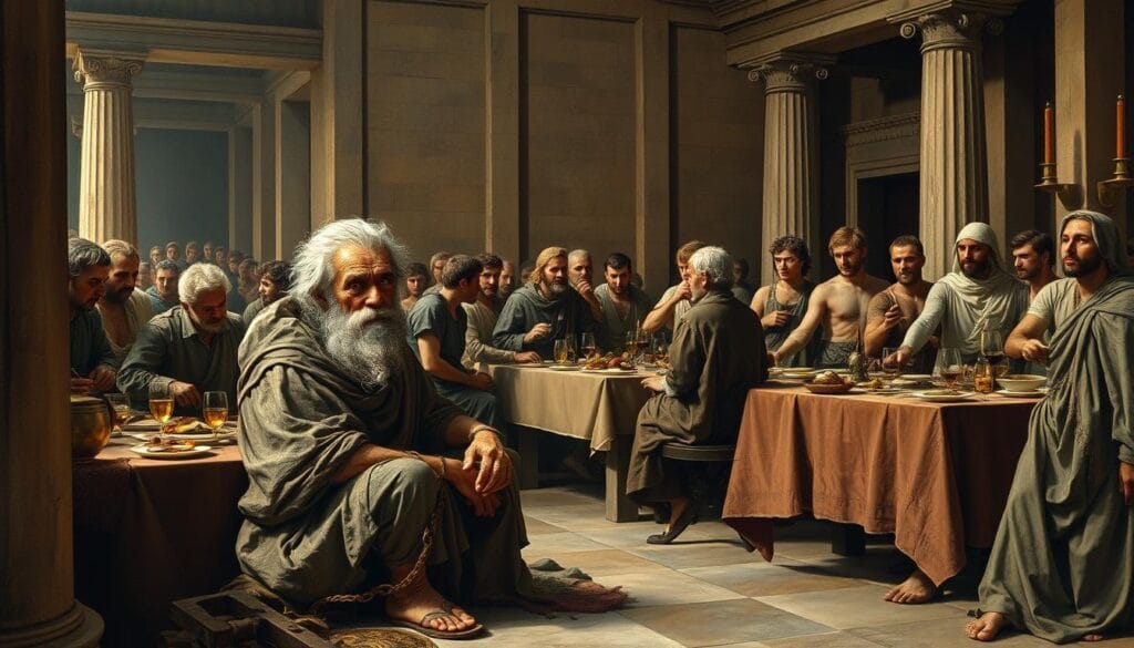 Odysseus disguised as a beggar observing the suitors in his palace
