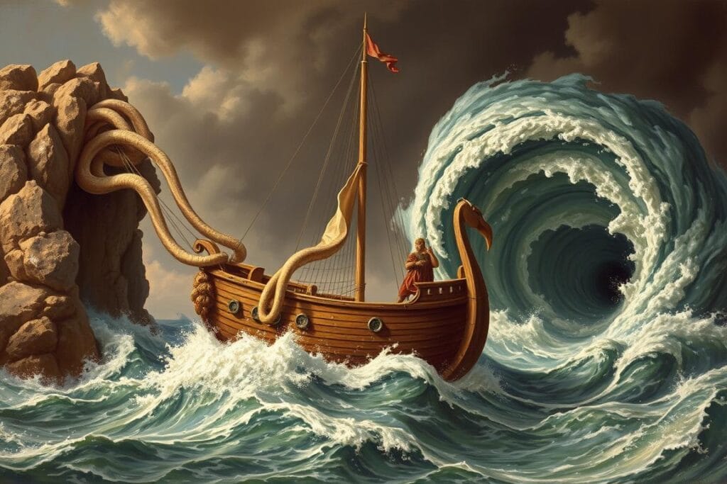 Odysseus navigating between the six-headed monster Scylla and the whirlpool Charybdis