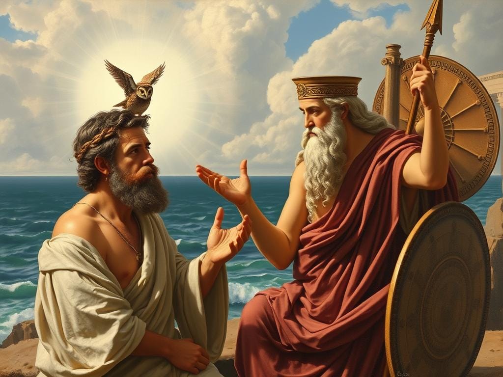 Odysseus receiving guidance from the goddess Athena
