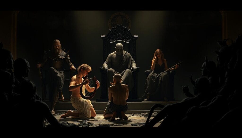 Orpheus playing his lyre before Hades and Persephone on their Underworld thrones