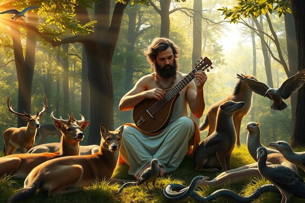 Orpheus playing his lyre to charm the creatures of the forest