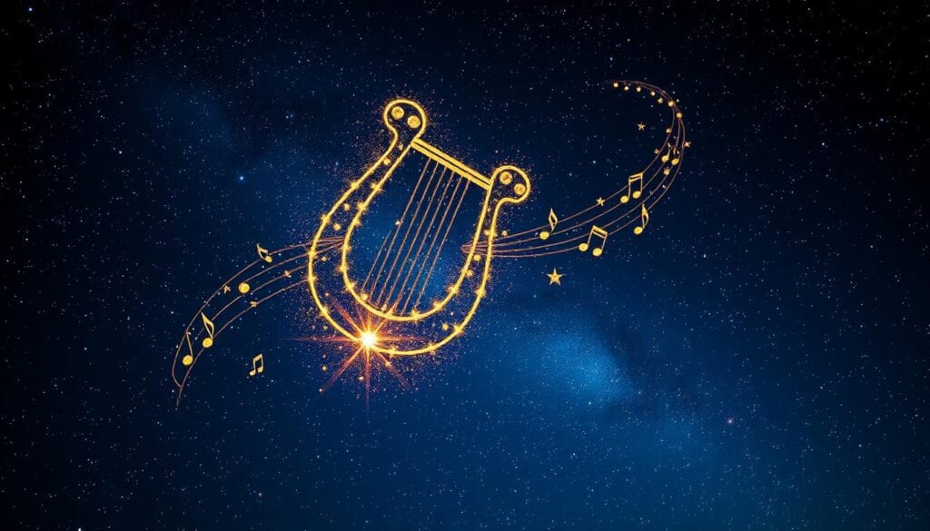 Orpheus's lyre among stars, symbolizing how his music and story continue to echo through time