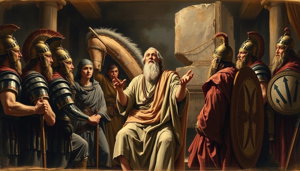 Painting depicting Odysseus devising the Trojan Horse strategy with Greek soldiers