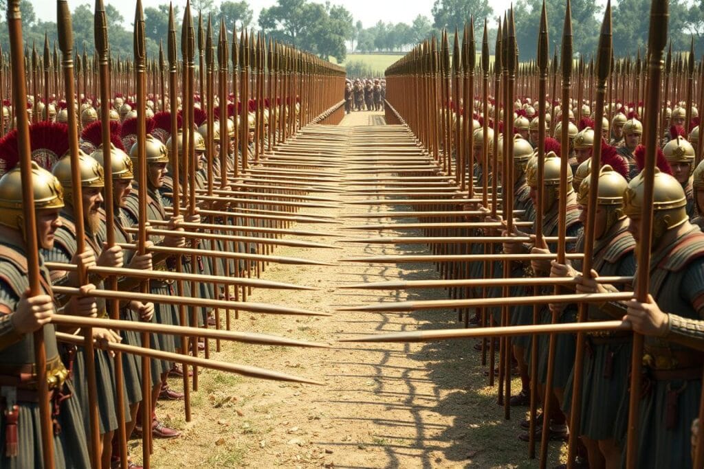Reconstruction of Macedonian phalanx formation with sarissas extended