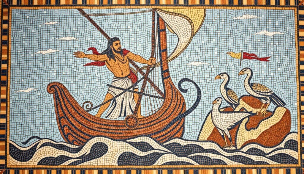 Roman mosaic depicting Odysseus tied to the mast while his ship passes the Sirens