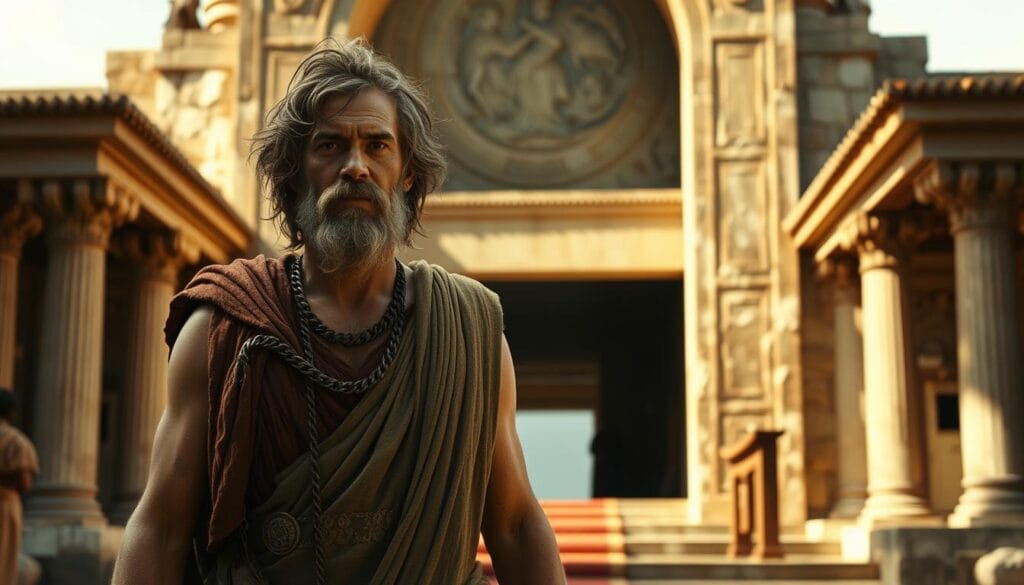 Scene from a modern film adaptation of The Odyssey showing Odysseus's return