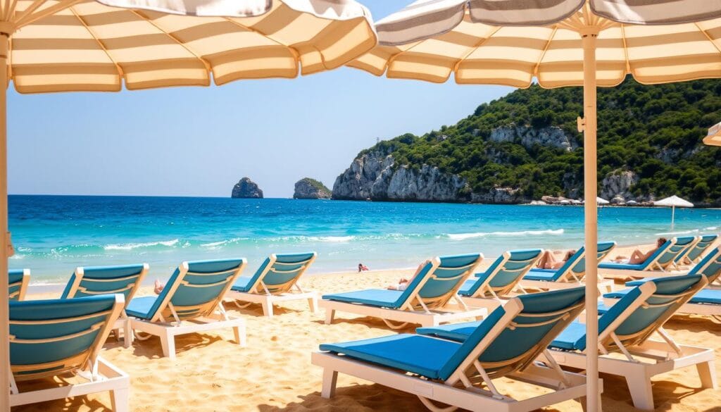 Sunbeds arranged in neat rows, their clean white frames and vibrant blue cushions contrasting against the warm, golden sand. A gentle breeze ruffles the striped umbrellas, casting soft shadows over the reclined beachgoers. In the background, the sparkling azure waters of the Ionian Sea stretch out to the horizon, framed by the lush, verdant cliffs of the Corfu coastline. The scene exudes a sense of tranquility and relaxation, inviting viewers to imagine themselves indulging in the pleasures of this picturesque beach.