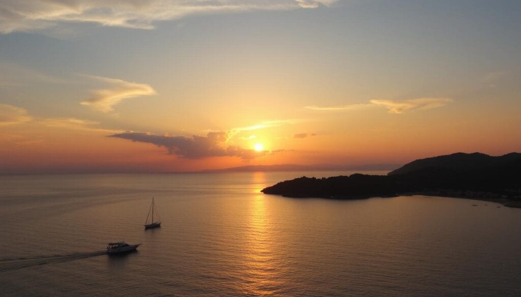 Sunset over Paleokastritsa bay with boats silhouetted against the golden sky - Paleokastritsa Corfu Travel Guide