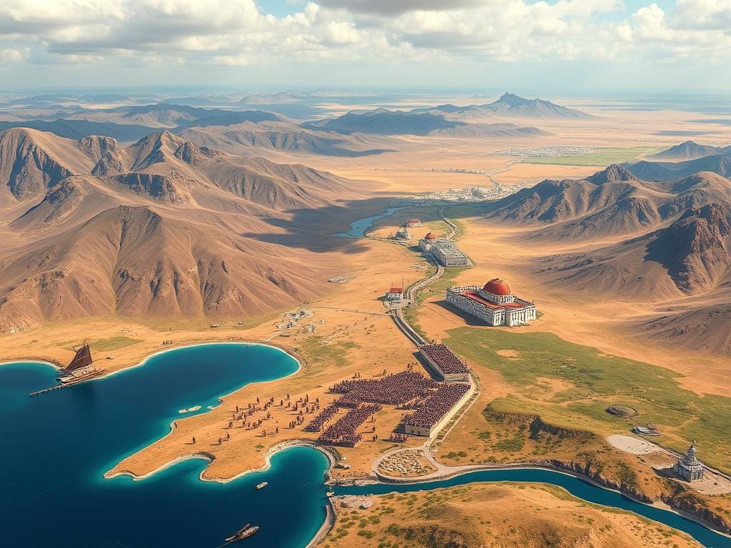 Terrain near Issus showing the narrow coastal plain between mountains and sea