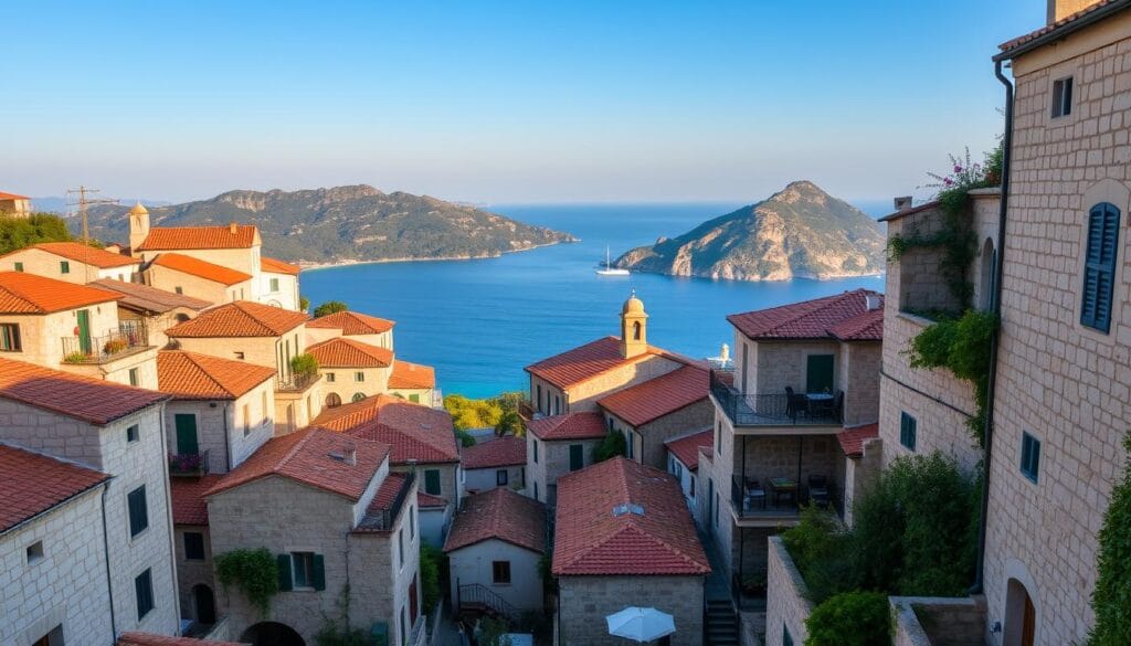 The picturesque village of Lakones overlooking Paleokastritsa from the hillside - Paleokastritsa Corfu Travel Guide
