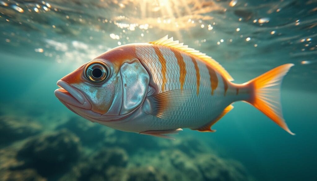 Vibrant sea bream swimming gracefully in the crystal-clear waters of Corfu. A close-up view showcasing the distinctive features: large, rounded body, small mouth, and striking patterns of silvery-white, golden, and iridescent hues. Dramatic sunlight filters through the waves, casting a warm glow and rippling reflections on the fish's scales. The scene is captured with a shallow depth of field, drawing the viewer's focus to the captivating details of this iconic Mediterranean species. An atmospheric, almost dreamlike composition that celebrates the marine biodiversity of this idyllic island.