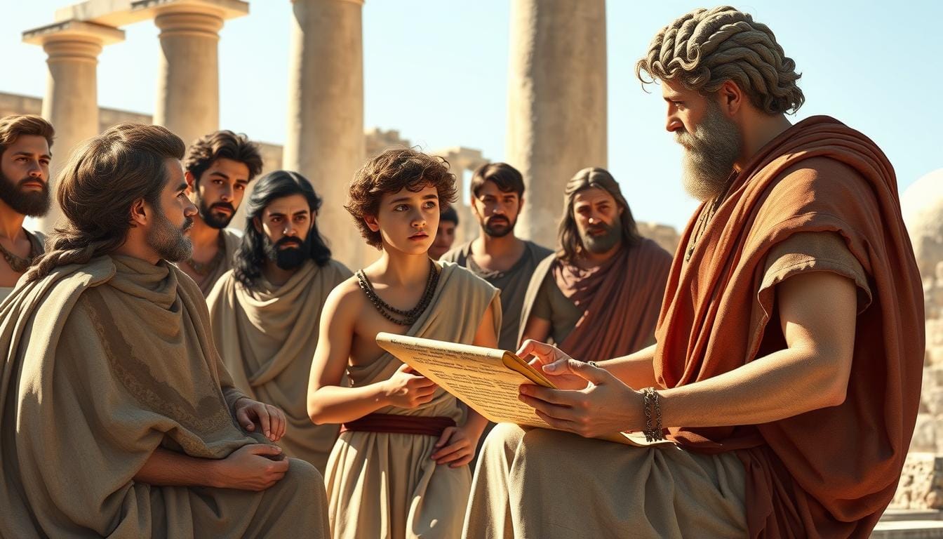 Young Alexander the Great being tutored by Aristotle, with other students gathered around them in an ancient Greek setting